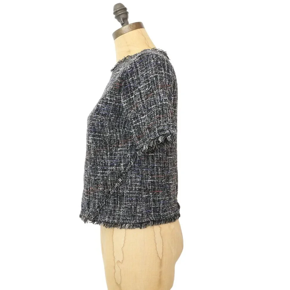 GREYLIN Tati Tweed Fringe Top XS Black Short Sleeve Crewneck Button Back EUC B32